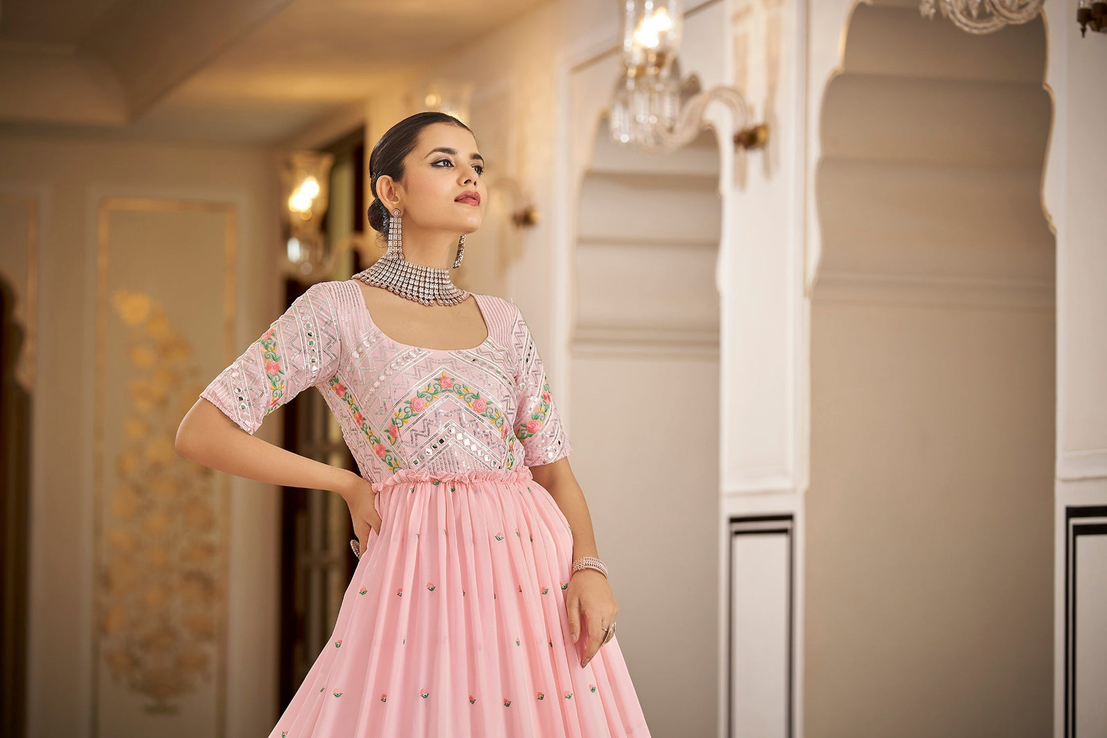 Party Wear Pink Color Thread & Sequins Embroidered Work Anarkali Gown Clothsvilla