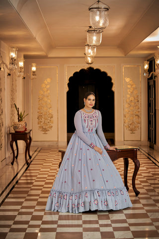 Party Wear Light Blue Color Thread & Sequins Embroidered Work Anarkali Gown Clothsvilla
