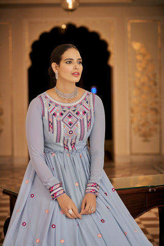Party Wear Light Blue Color Thread & Sequins Embroidered Work Anarkali Gown Clothsvilla