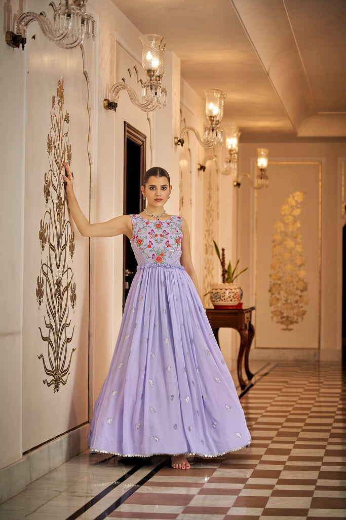 Party Wear Lavender Color Thread & Sequins Embroidered Work Anarkali Gown Clothsvilla