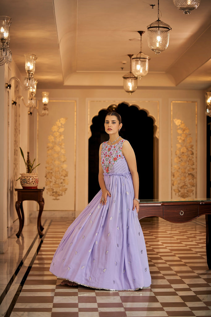 Party Wear Lavender Color Thread & Sequins Embroidered Work Anarkali Gown Clothsvilla