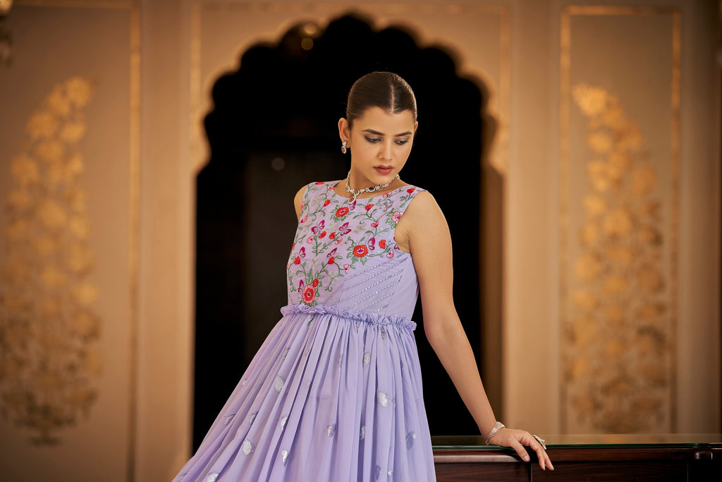 Party Wear Lavender Color Thread & Sequins Embroidered Work Anarkali Gown Clothsvilla