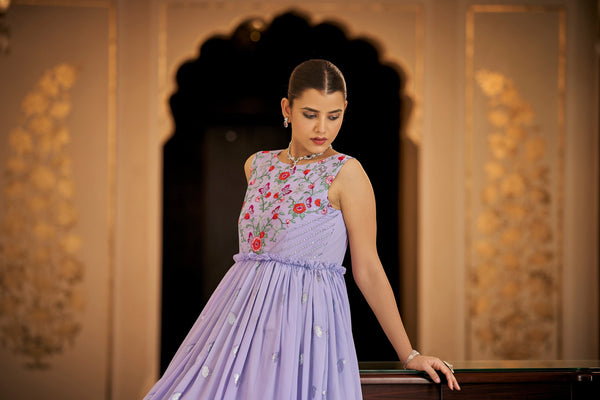 Party Wear Lavender Color Thread & Sequins Embroidered Work Anarkali Gown Clothsvilla