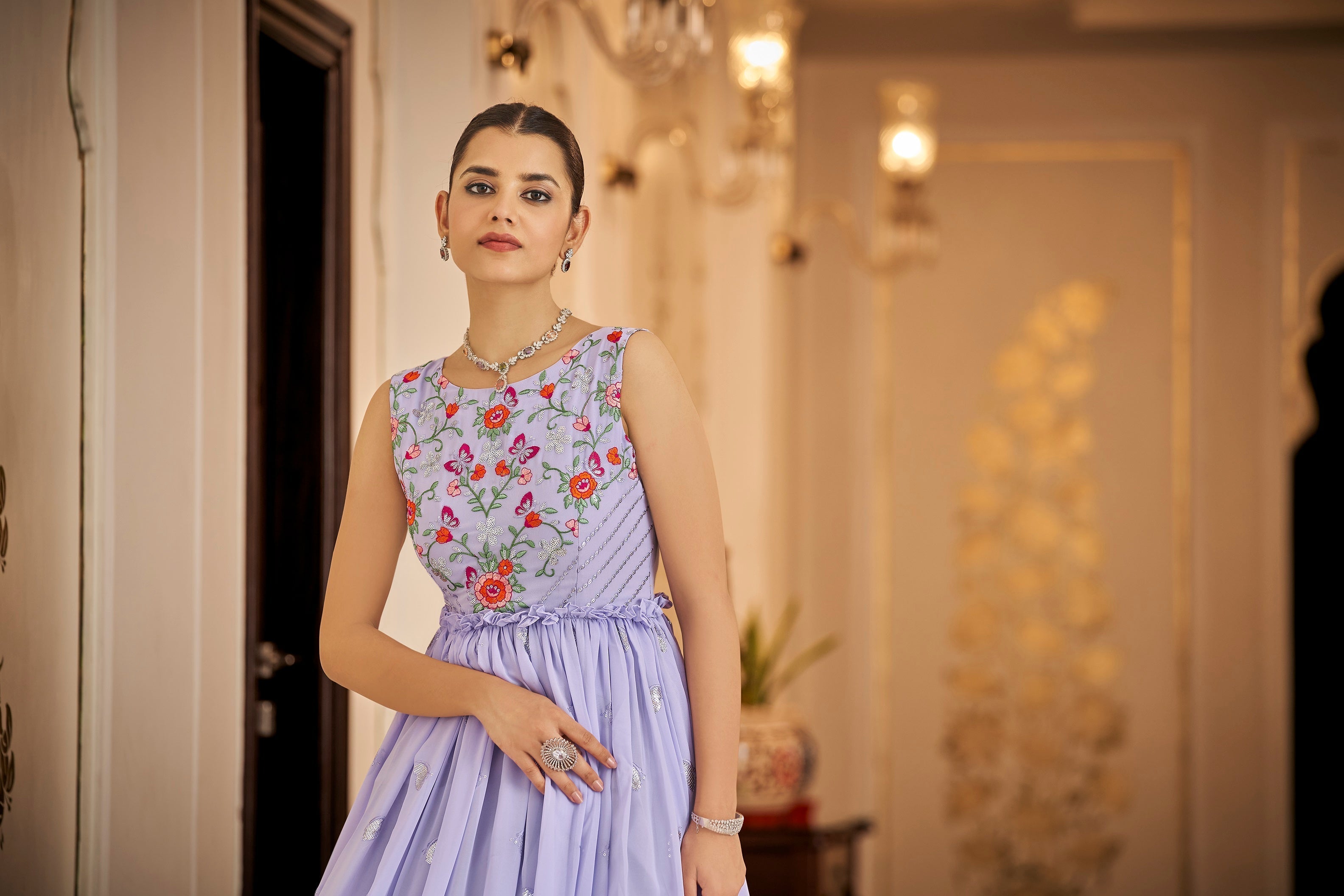 Party Wear Lavender Color Thread & Sequins Embroidered Work Anarkali Gown Clothsvilla