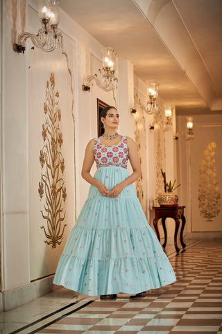 Party Wear Sky Blue Color Thread & Sequins Embroidered Work Anarkali Gown Clothsvilla