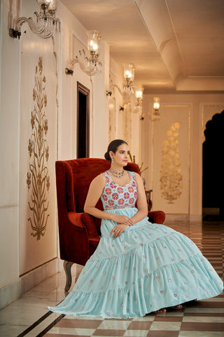 Party Wear Sky Blue Color Thread & Sequins Embroidered Work Anarkali Gown Clothsvilla