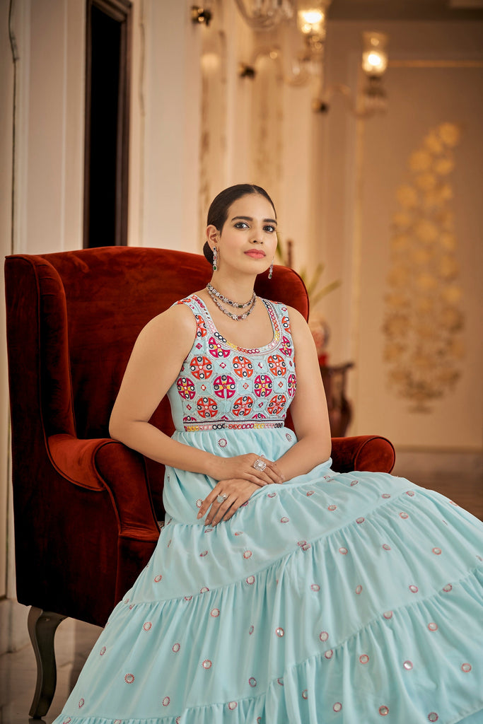 Party Wear Sky Blue Color Thread & Sequins Embroidered Work Anarkali Gown Clothsvilla