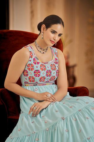 Party Wear Sky Blue Color Thread & Sequins Embroidered Work Anarkali Gown Clothsvilla