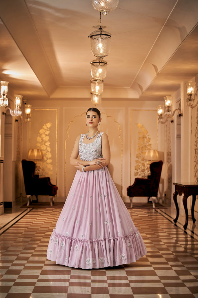 Party Wear Dusty Pink Color Thread & Sequins Embroidered Work Anarkali Gown Clothsvilla
