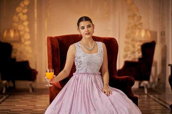 Party Wear Dusty Pink Color Thread & Sequins Embroidered Work Anarkali Gown Clothsvilla
