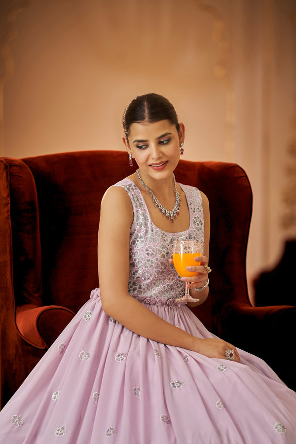 Party Wear Dusty Pink Color Thread & Sequins Embroidered Work Anarkali Gown Clothsvilla