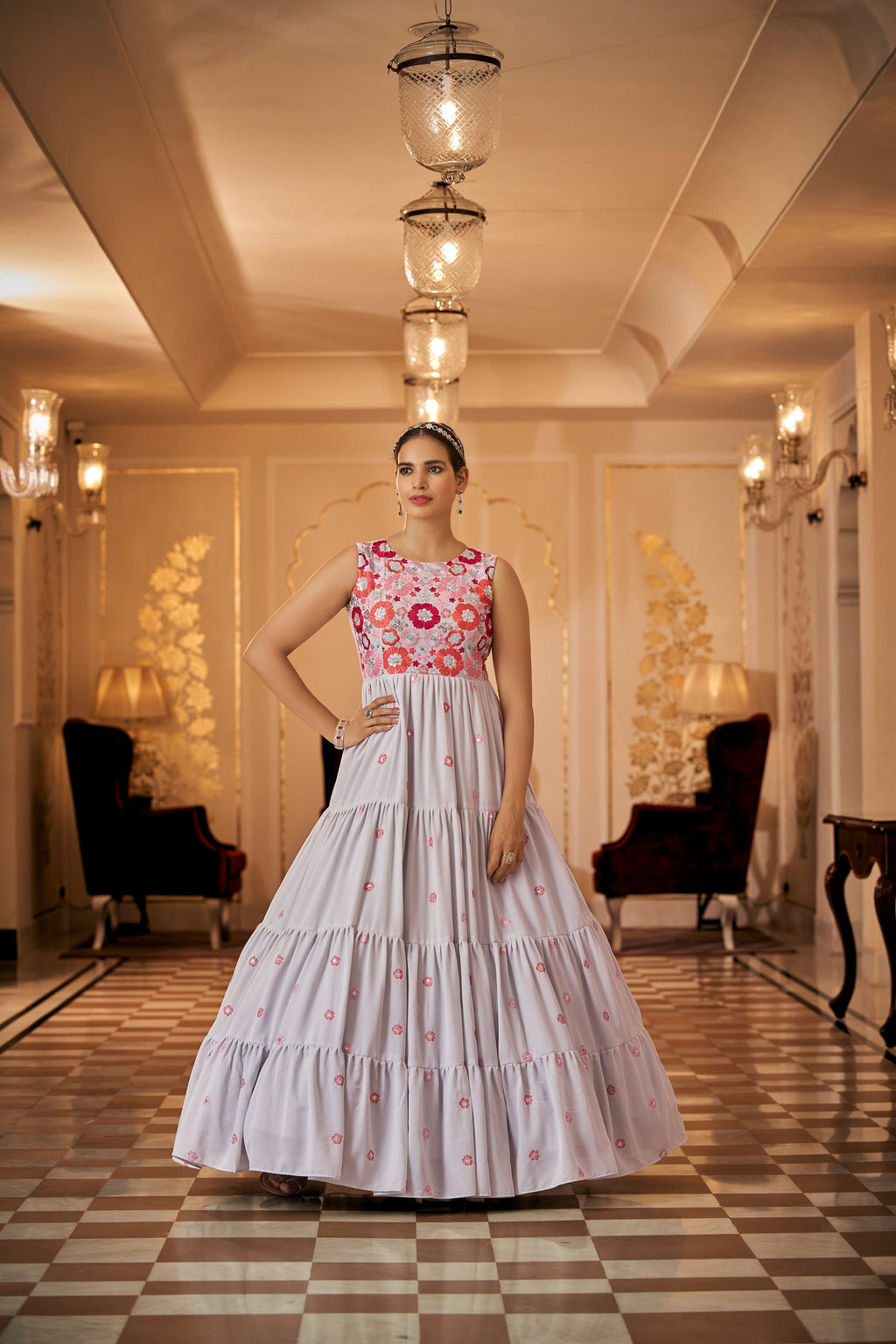 Party Wear Grey Color Thread & Sequins Embroidered Work Anarkali Gown Clothsvilla