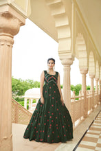 Load image into Gallery viewer, Party Wear Olive Green Color Thread &amp; Sequence Embroidered Work Gown Clothsvilla