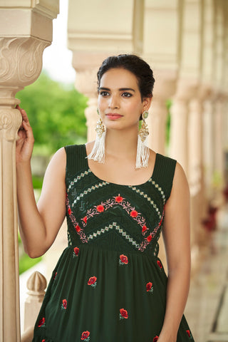 Party Wear Olive Green Color Thread & Sequence Embroidered Work Gown Clothsvilla