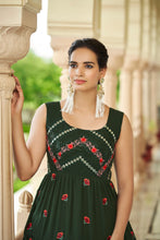 Load image into Gallery viewer, Party Wear Olive Green Color Thread &amp; Sequence Embroidered Work Gown Clothsvilla