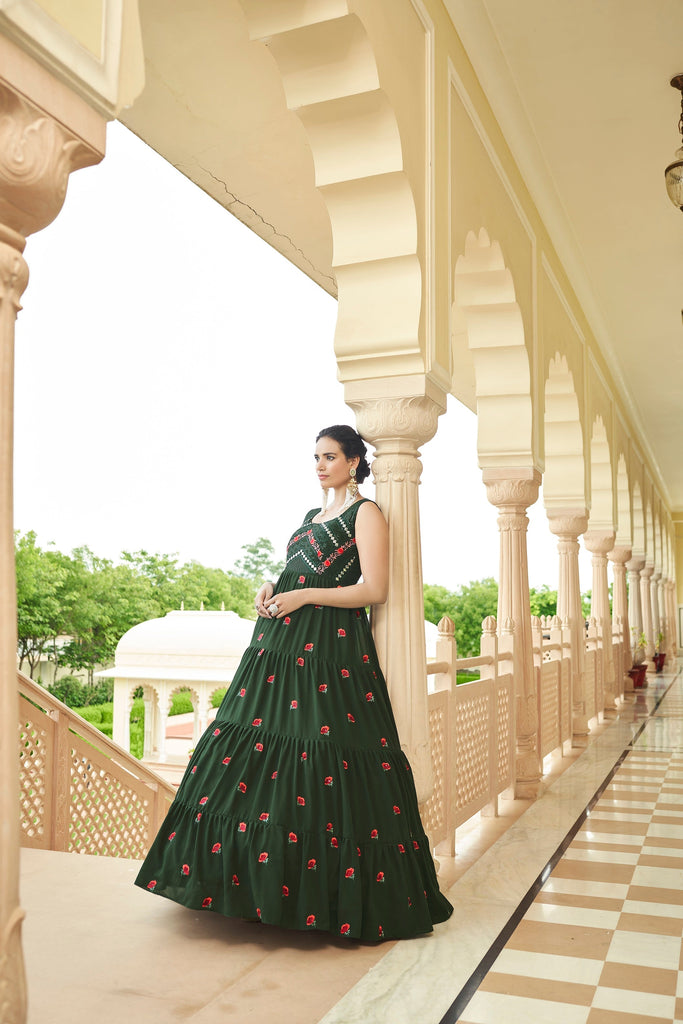 Party Wear Olive Green Color Thread & Sequence Embroidered Work Gown Clothsvilla