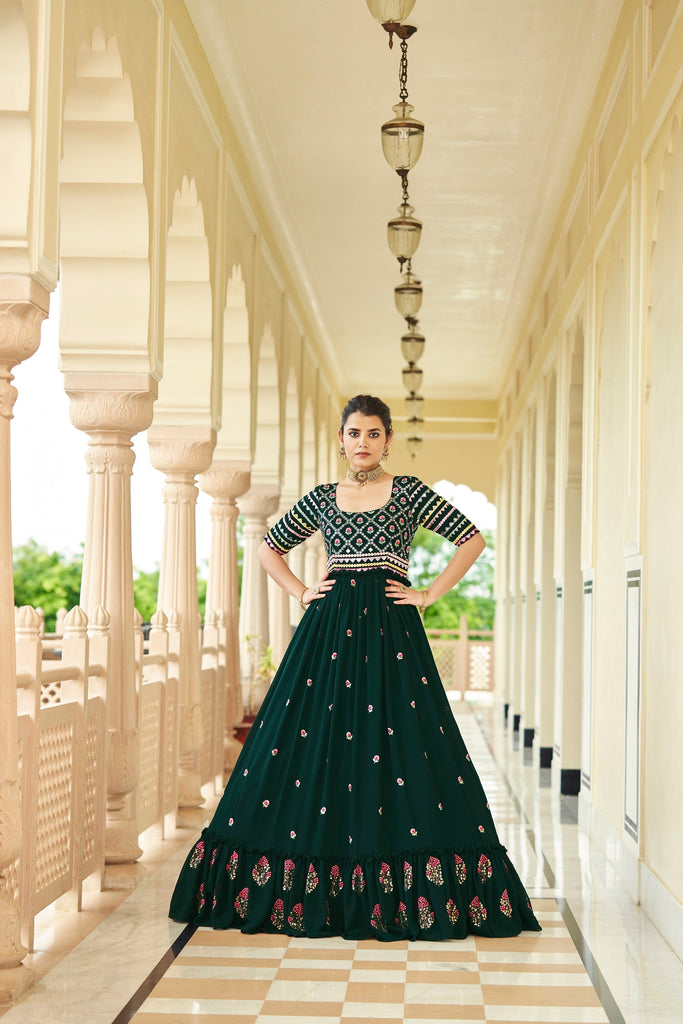 Party Wear Dark Green Color Thread & Sequence Embroidered Work Gown Clothsvilla