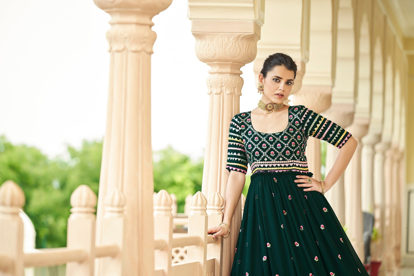 Party Wear Dark Green Color Thread & Sequence Embroidered Work Gown Clothsvilla