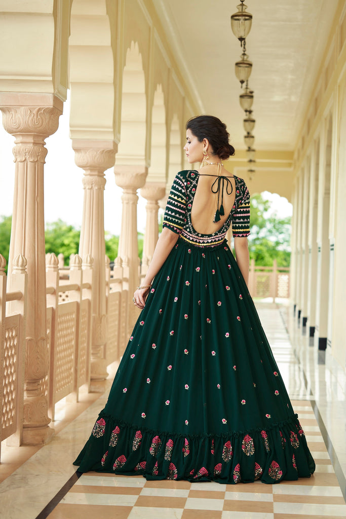 Party Wear Dark Green Color Thread & Sequence Embroidered Work Gown Clothsvilla