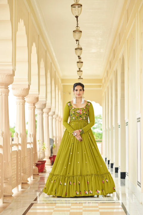 Party Wear Parrot Green Color Thread & Sequence Embroidered Work Gown Clothsvilla Main image