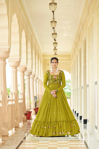 Party Wear Parrot Green Color Thread & Sequence Embroidered Work Gown Clothsvilla