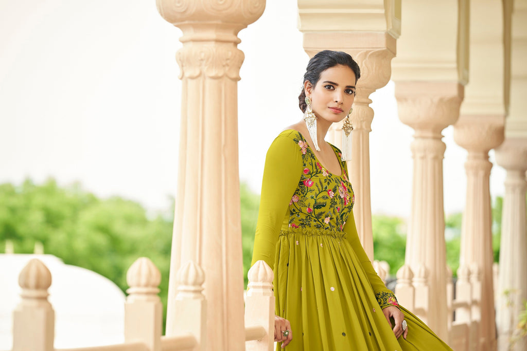 Party Wear Parrot Green Color Thread & Sequence Embroidered Work Gown Clothsvilla