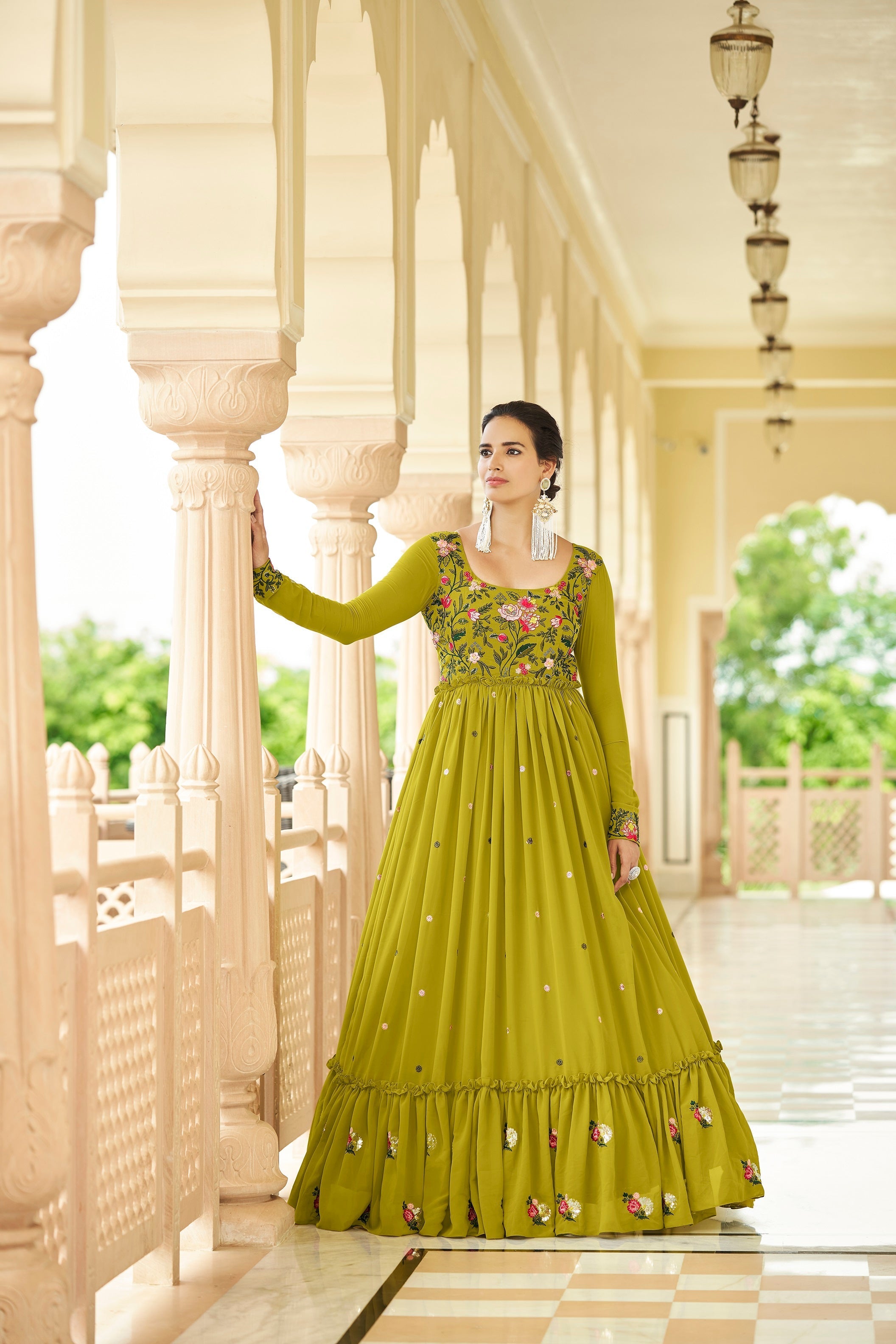 Party Wear Parrot Green Color Thread & Sequence Embroidered Work Gown Clothsvilla