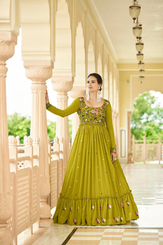 Party Wear Parrot Green Color Thread & Sequence Embroidered Work Gown Clothsvilla