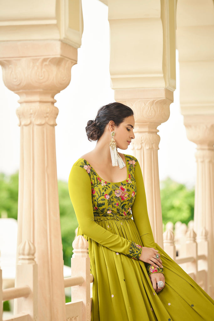 Party Wear Parrot Green Color Thread & Sequence Embroidered Work Gown Clothsvilla