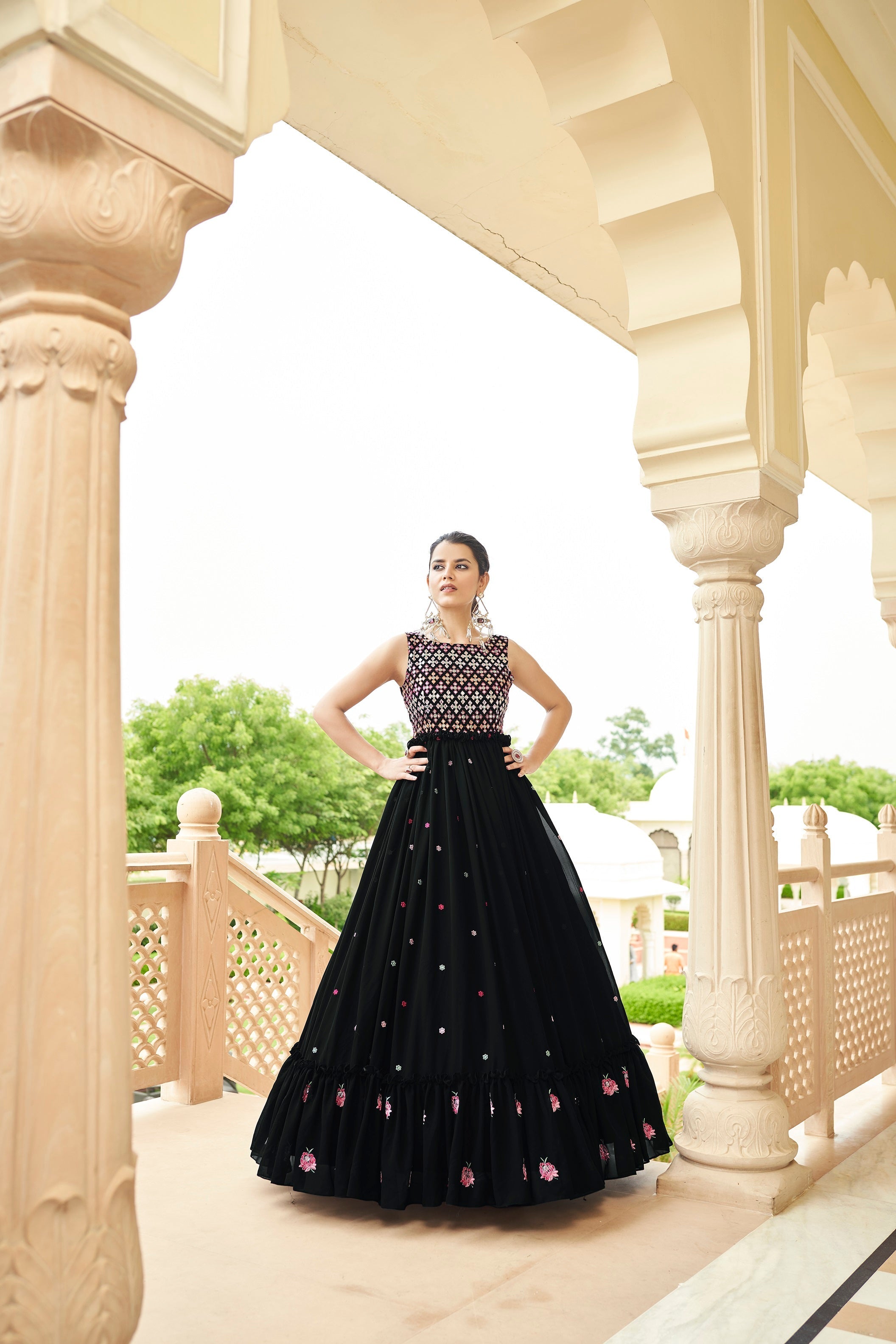 Party Wear Black Color Thread & Sequence Embroidered Work Gown Clothsvilla