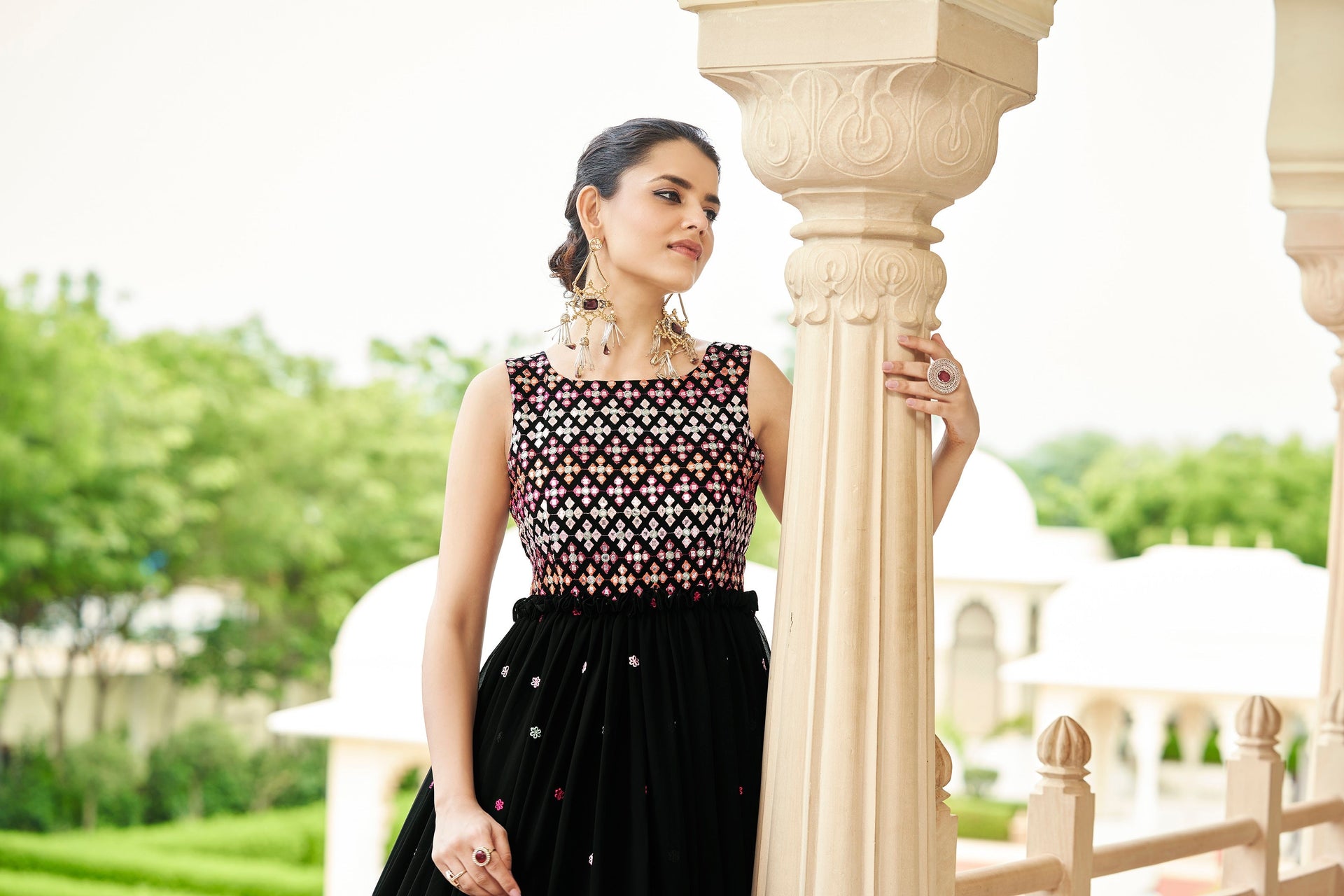 Party Wear Black Color Thread & Sequence Embroidered Work Gown Clothsvilla