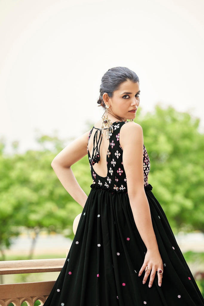 Party Wear Black Color Thread & Sequence Embroidered Work Gown Clothsvilla