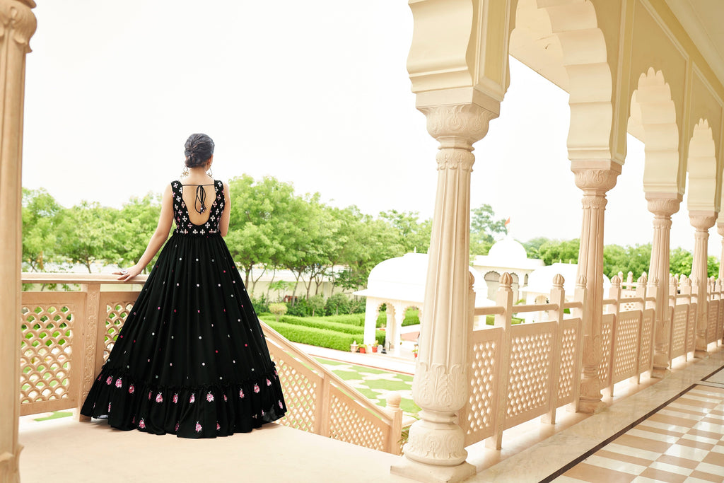 Party Wear Black Color Thread & Sequence Embroidered Work Gown Clothsvilla