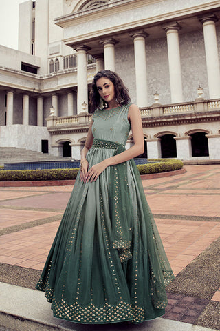 Pista To Green Multi Color Chinon Thread And Sequence Embroidered Work Gown ClothsVilla.com