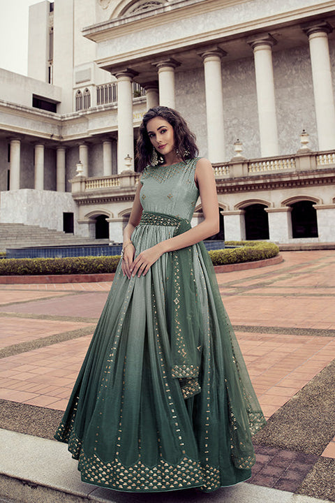 Pista To Green Multi Color Chinon Thread And Sequence Embroidered Work Gown ClothsVilla.com Main image