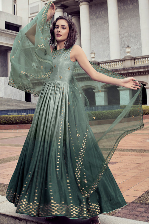 Pista To Green Multi Color Chinon Thread And Sequence Embroidered Work Gown Pista To Green Multi Color Chinon Thread And Sequence Embroidered Work Gown