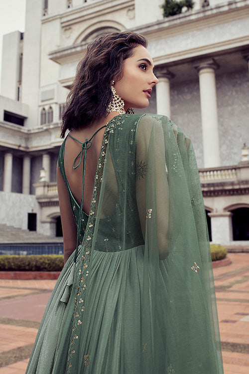 Pista To Green Multi Color Chinon Thread And Sequence Embroidered Work Gown ClothsVilla.com