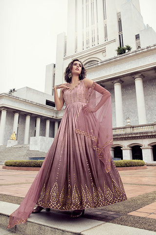 Pink To Dusty Multi Color Chinon Thread And Sequence Embroidered Work Gown ClothsVilla.com