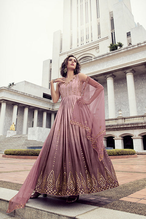 Pink To Dusty Multi Color Chinon Thread And Sequence Embroidered Work Gown ClothsVilla.com Main image