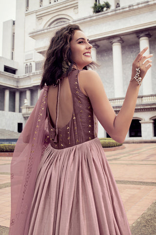 Pink To Dusty Multi Color Chinon Thread And Sequence Embroidered Work Gown ClothsVilla.com