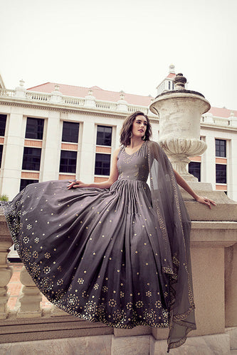Dusty To Purple Multi Color Chinon Thread And Sequence Embroidered Work Gown ClothsVilla.com