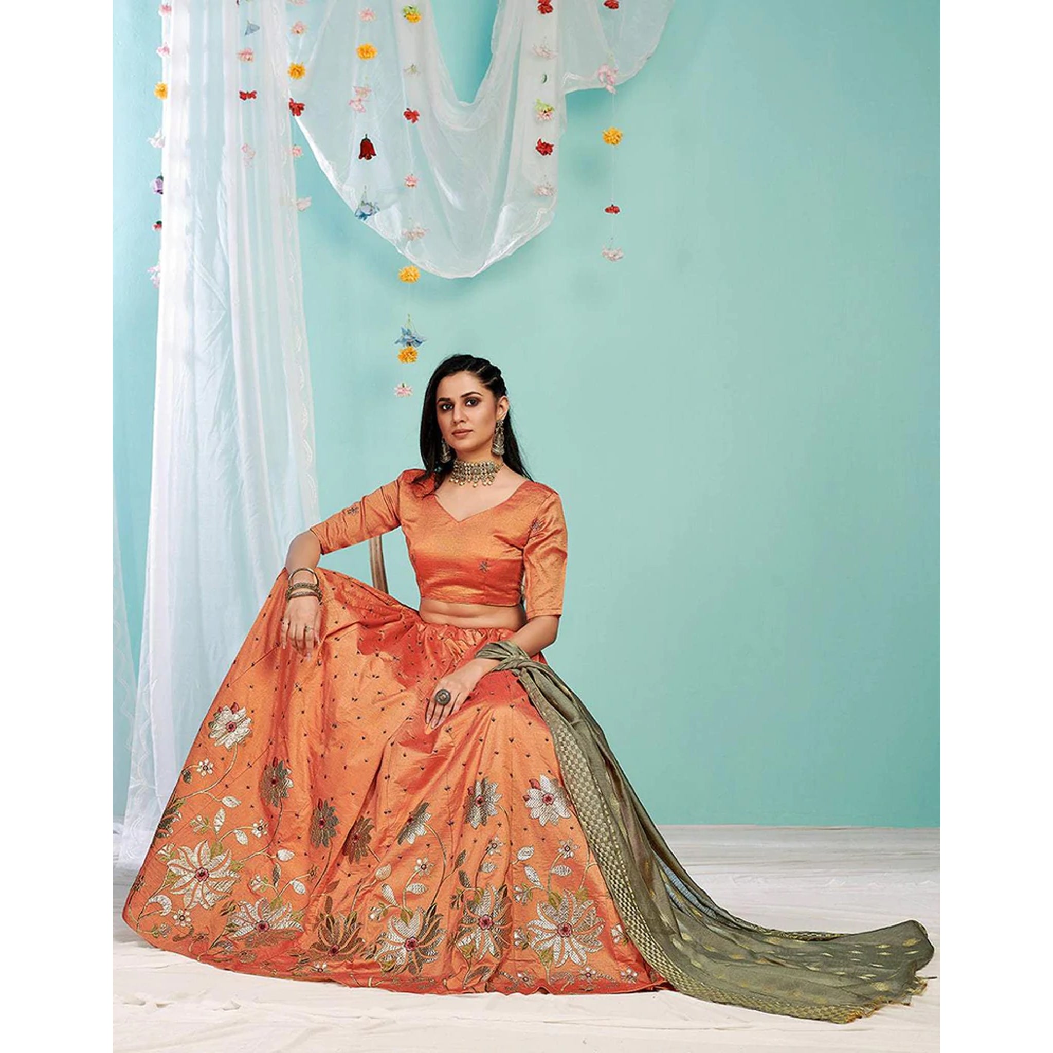 Sunrise Orange Gota Patti and Zari Stich Without can can work Lehenga choli ClothsVilla