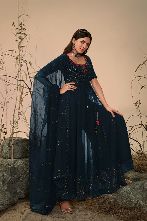 Georgette Embroidered Work Kurta Palazzo Dupatta Set ClothsVilla.com