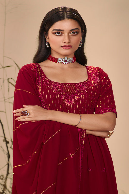 Georgette Embroidered Work Kurta Palazzo Dupatta Set ClothsVilla.com