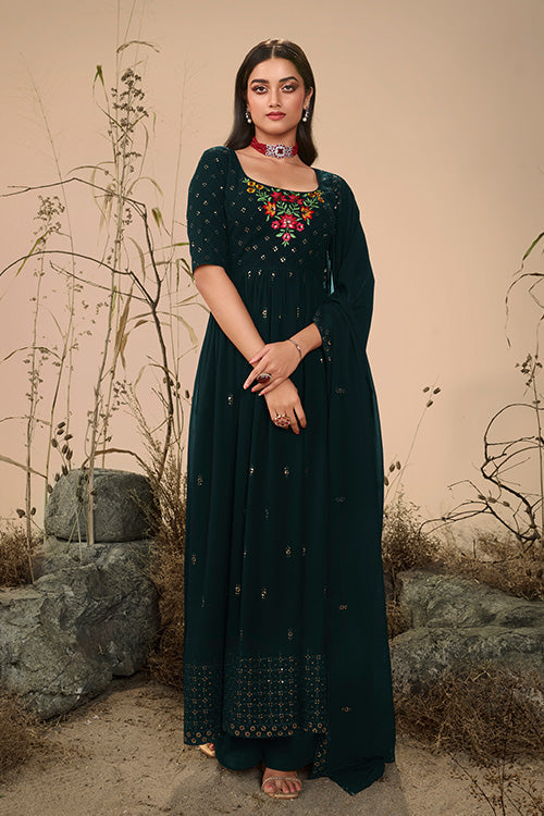 Georgette Embroidered Work Kurta Palazzo Dupatta Set ClothsVilla.com