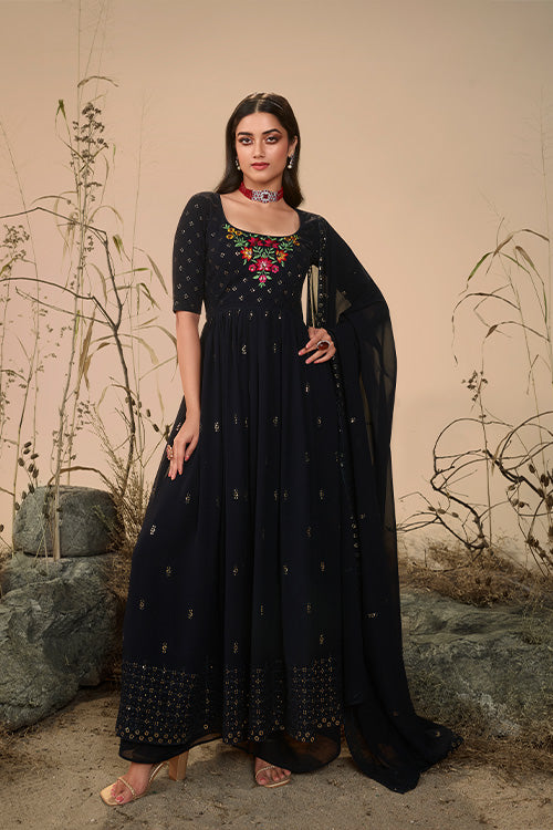 Georgette Embroidered Work Kurta Palazzo Dupatta Set ClothsVilla.com