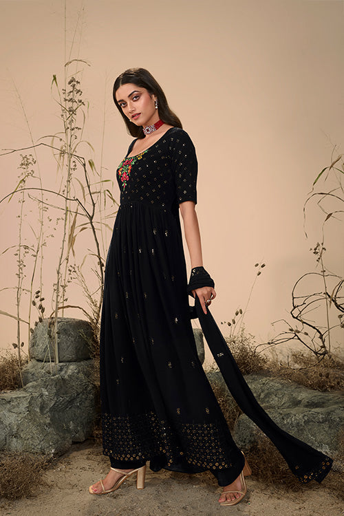 Georgette Embroidered Work Kurta Palazzo Dupatta Set ClothsVilla.com