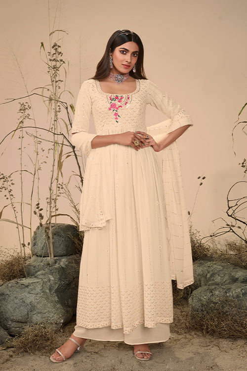 Georgette Embroidered Work Kurta Palazzo Dupatta Set ClothsVilla.com