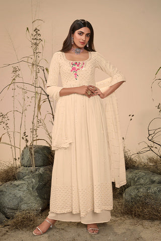 Georgette Embroidered Work Kurta Palazzo Dupatta Set ClothsVilla.com