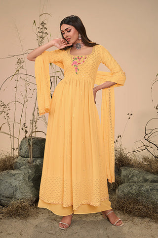 Georgette Embroidered Work Kurta Palazzo Dupatta Set ClothsVilla.com
